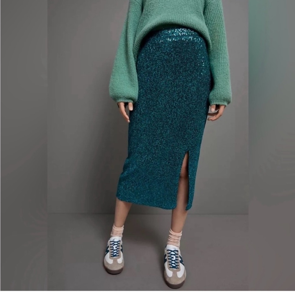 Maeve by Anthropologie Teal Sequin Midi Skirt – Size Small